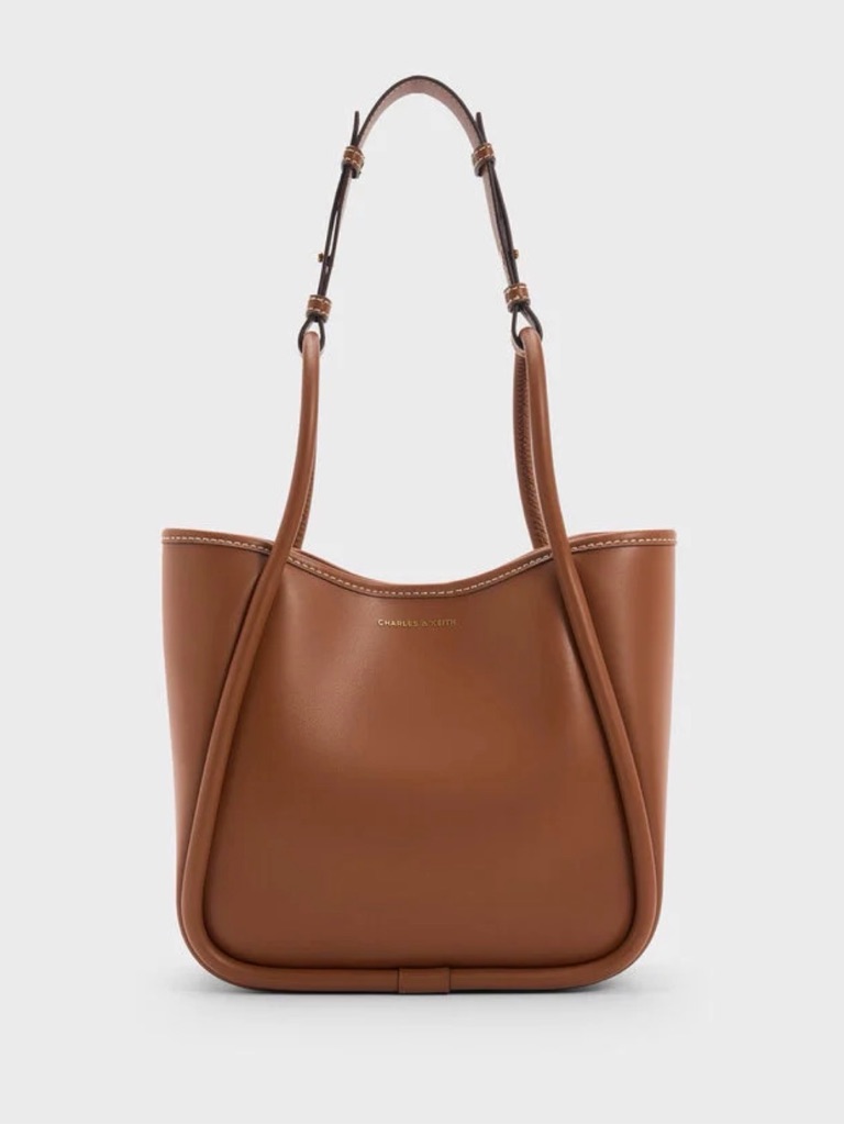 Brown Leather Bag Tote With Curved Trim. Wear It Crossbody/ Shoulder Or Carry.